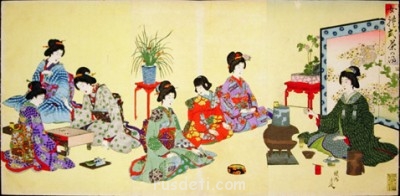Японская гравюра конца 19 в.<br />"Семь дам готовят чай и играют в го"